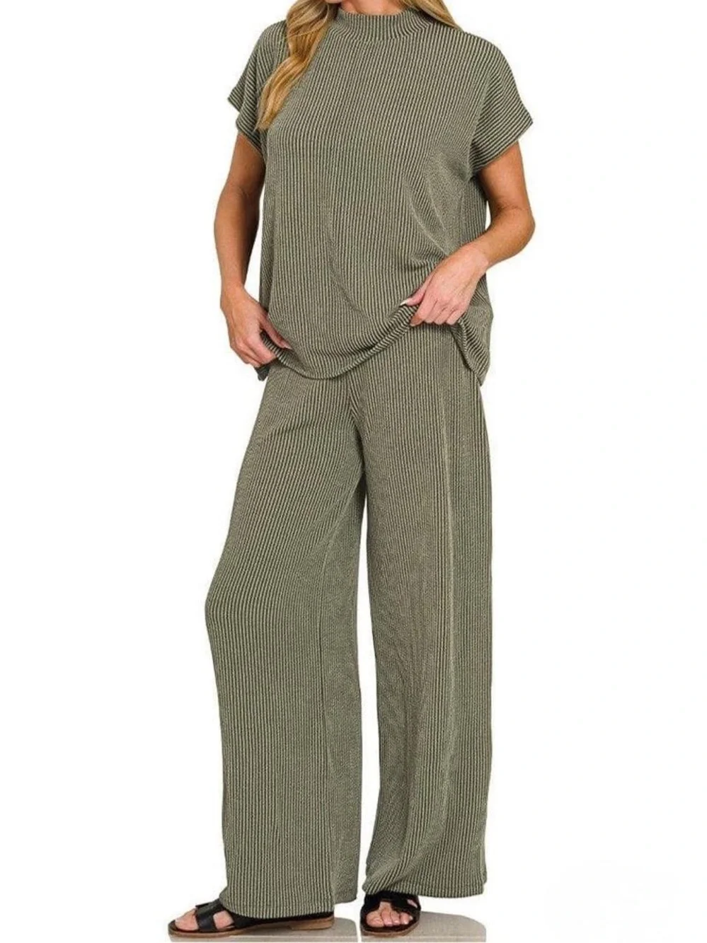 ZENANA Raised Rib Relaxed Top & Pants Set-(Olive Green) Size:Medium
